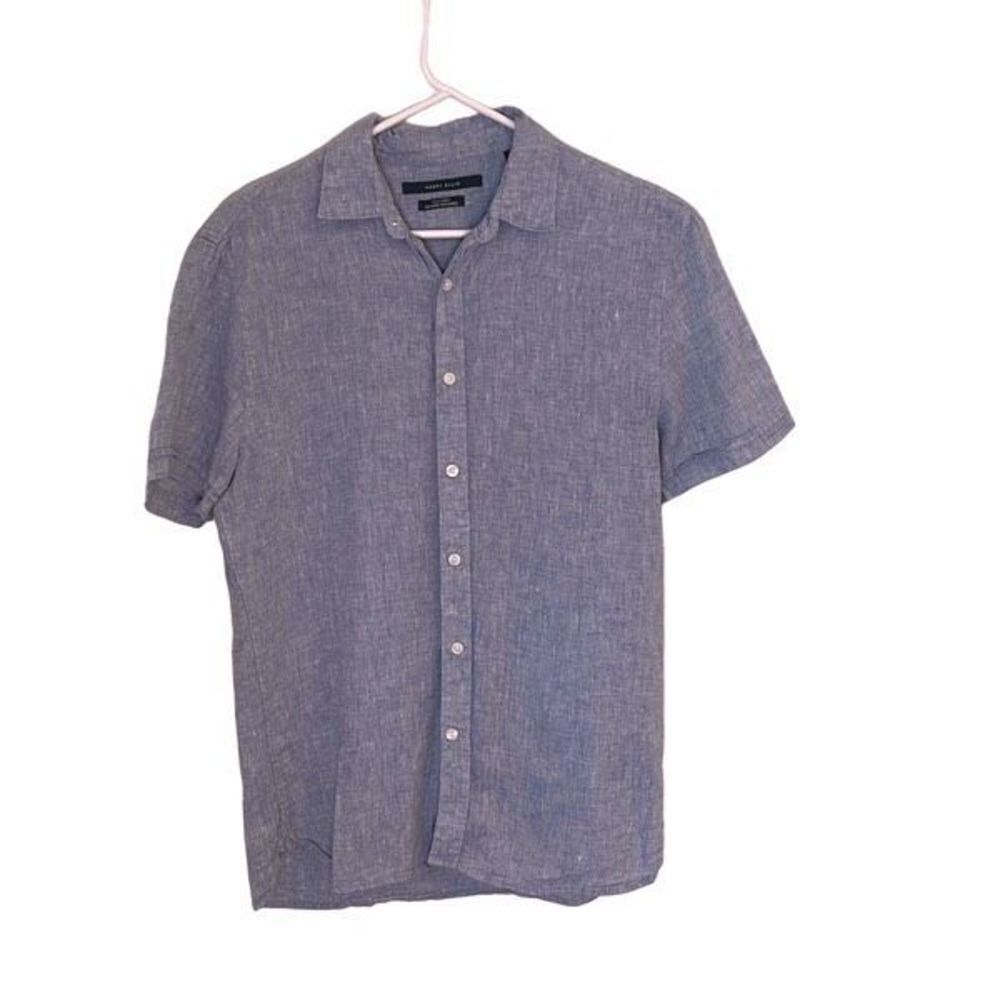 Perry Ellis Linen Shirt Men's Blue Short Sleeve Button Up Small